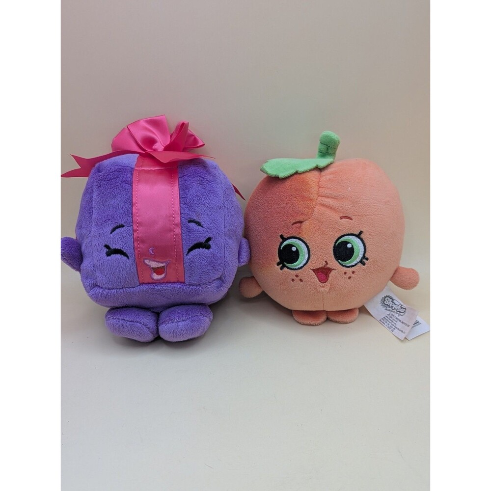 Shopkins Plush Lot of 2 Miss Pressy Purple Present Gift & April Apricot Peach